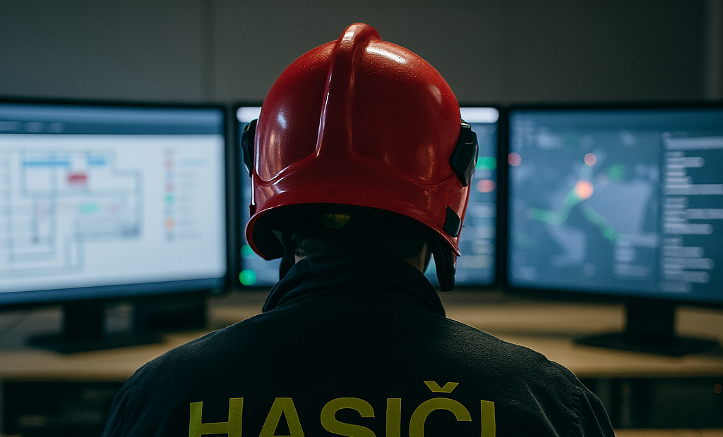 Hasič na dispečerském pracovišti